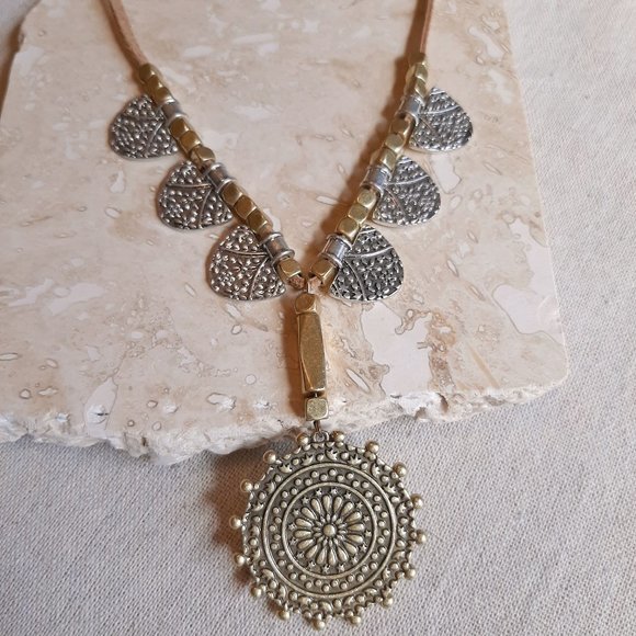 Lucky Brand Gold & Silver Tone Stamped Sun Coin Medallion Necklace NWT